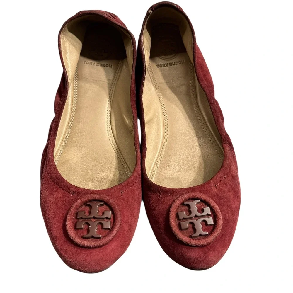 Tory Burch Burgundy Suede‎ Ballet Flats Women's Size 7 Embellished Logo